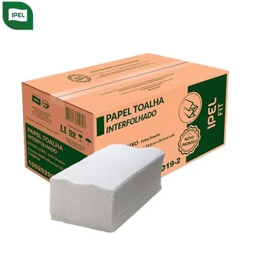 Papel Toalha Interfolhada 2 dobras FS Ipel Fit ELX 22,5cm x  20,5cm 19g - 5000 Fls Confeccionado com 100% de CELULOSE  VIRGEM - Folha Simples