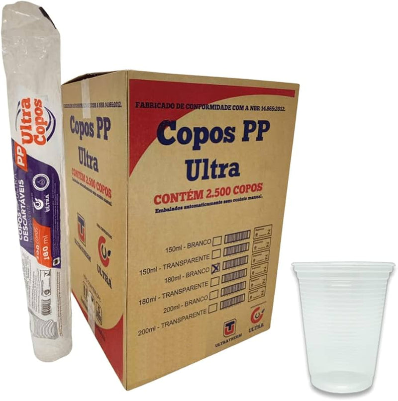 COPO 180ML BRANCO DE PLASTICO DESCARTAVEL EM  CAIXA COM 25 PACOTES COM 100 UNIDADES - 2.500 Copos